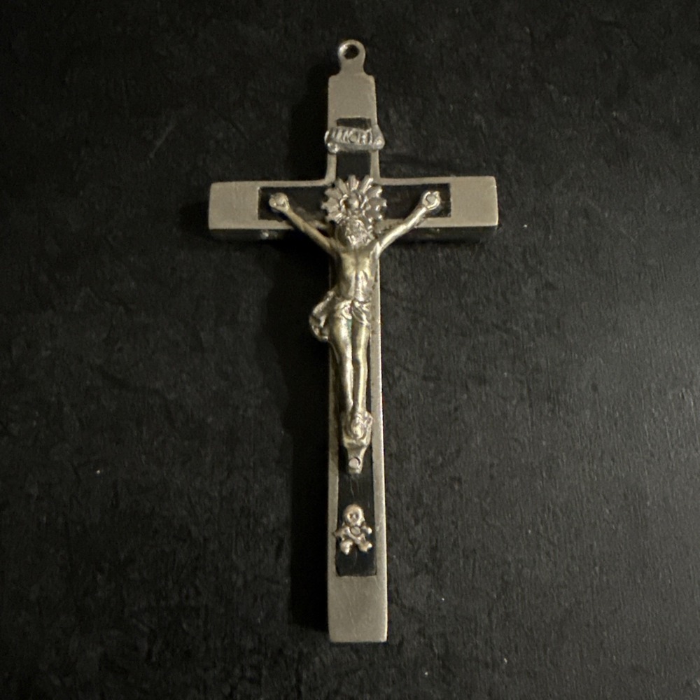 Antique 1880-1900 Profession Catholic Crucifix Nickel Plated Inlaid Ebony